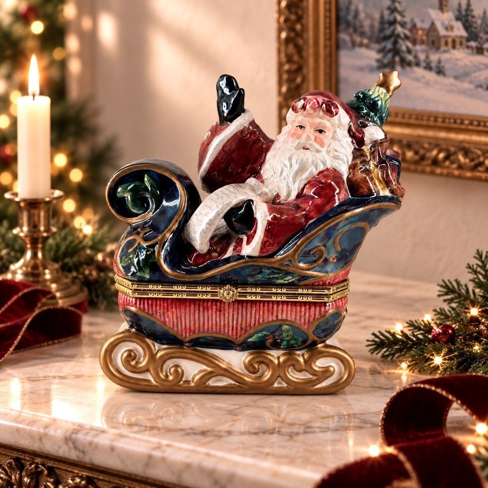 Avon Christmas Cheer Santa Sleigh Hinged Trinket Box Vintage '02 Retro Nostalgic